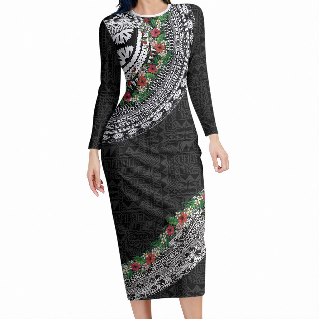 Fiji Hibiscus Long Sleeve Bodycon Dress Tapa Masi Motifs with Tropical Plants LT03 Long Dress Black - Polynesian Pride