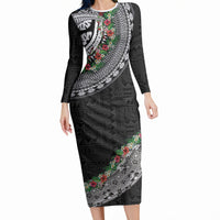 Fiji Hibiscus Long Sleeve Bodycon Dress Tapa Masi Motifs with Tropical Plants LT03 Long Dress Black - Polynesian Pride