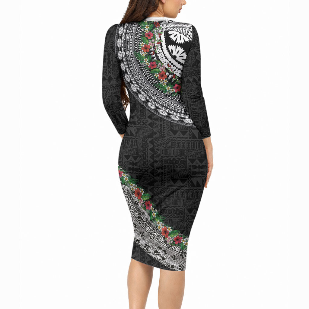 Fiji Hibiscus Long Sleeve Bodycon Dress Tapa Masi Motifs with Tropical Plants LT03 - Polynesian Pride