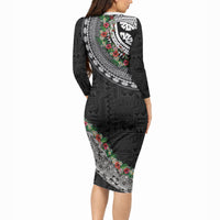 Fiji Hibiscus Long Sleeve Bodycon Dress Tapa Masi Motifs with Tropical Plants LT03 - Polynesian Pride