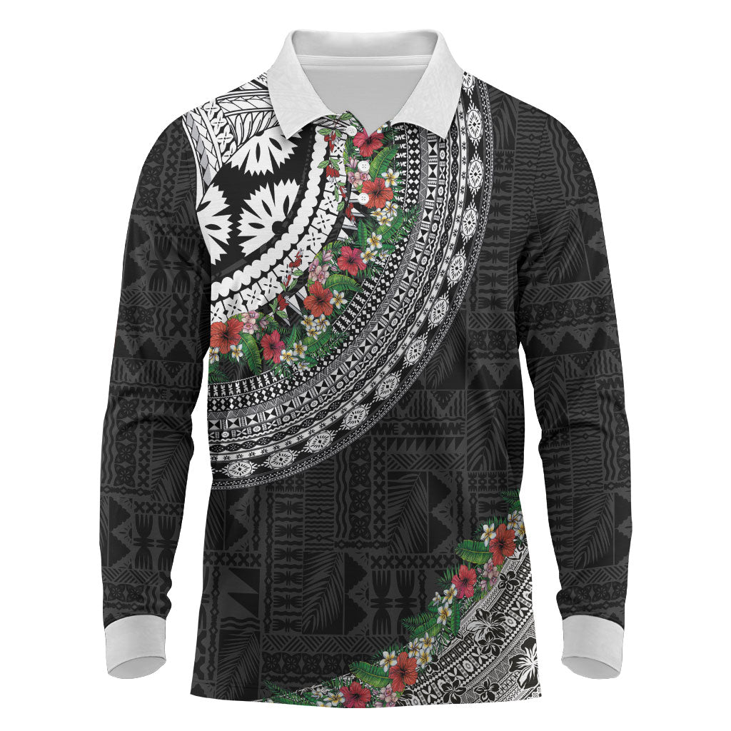 Fiji Hibiscus Long Sleeve Polo Shirt Tapa Masi Motifs with Tropical Plants LT03 Black - Polynesian Pride