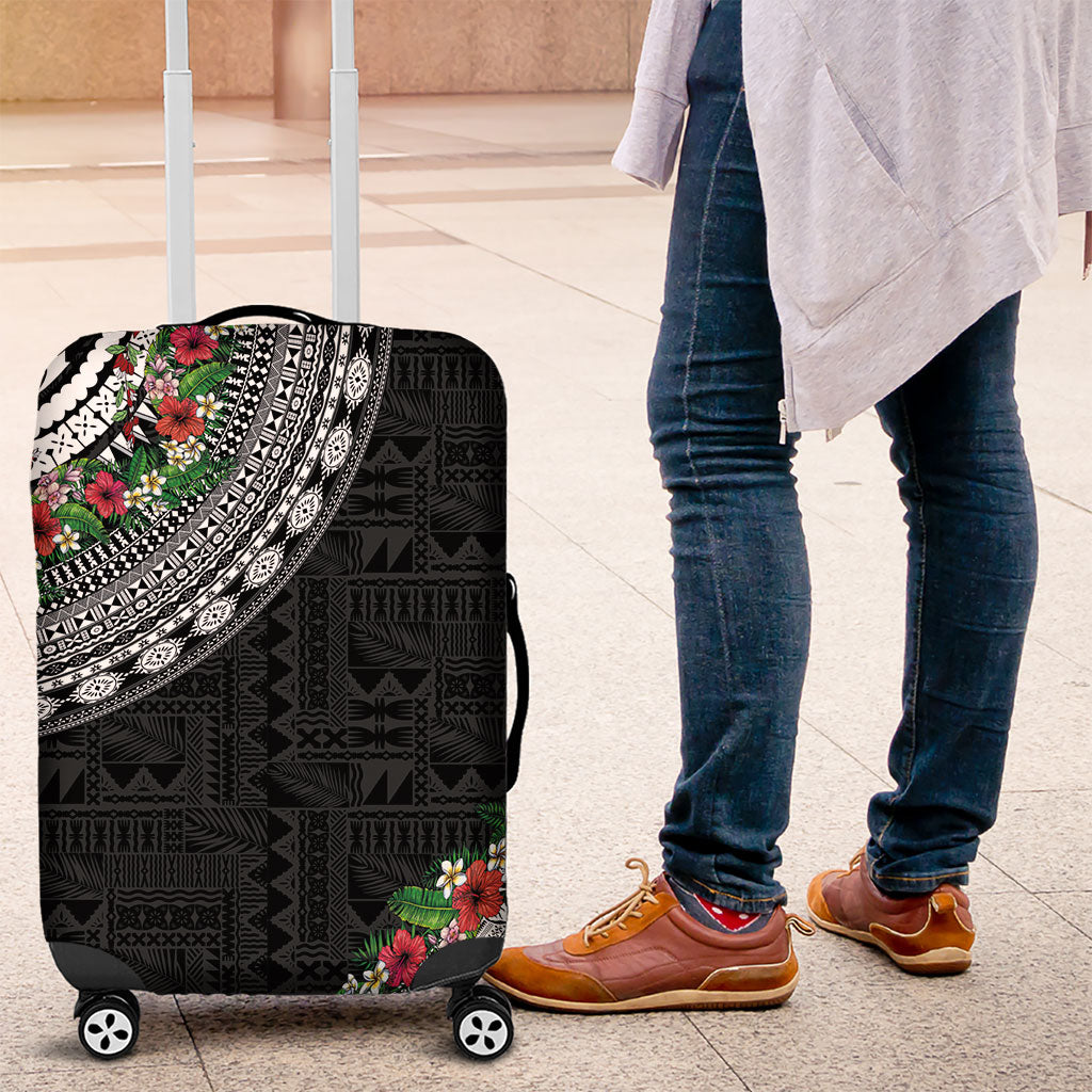 Fiji Hibiscus Luggage Cover Tapa Masi Motifs with Tropical Plants LT03 Black - Polynesian Pride