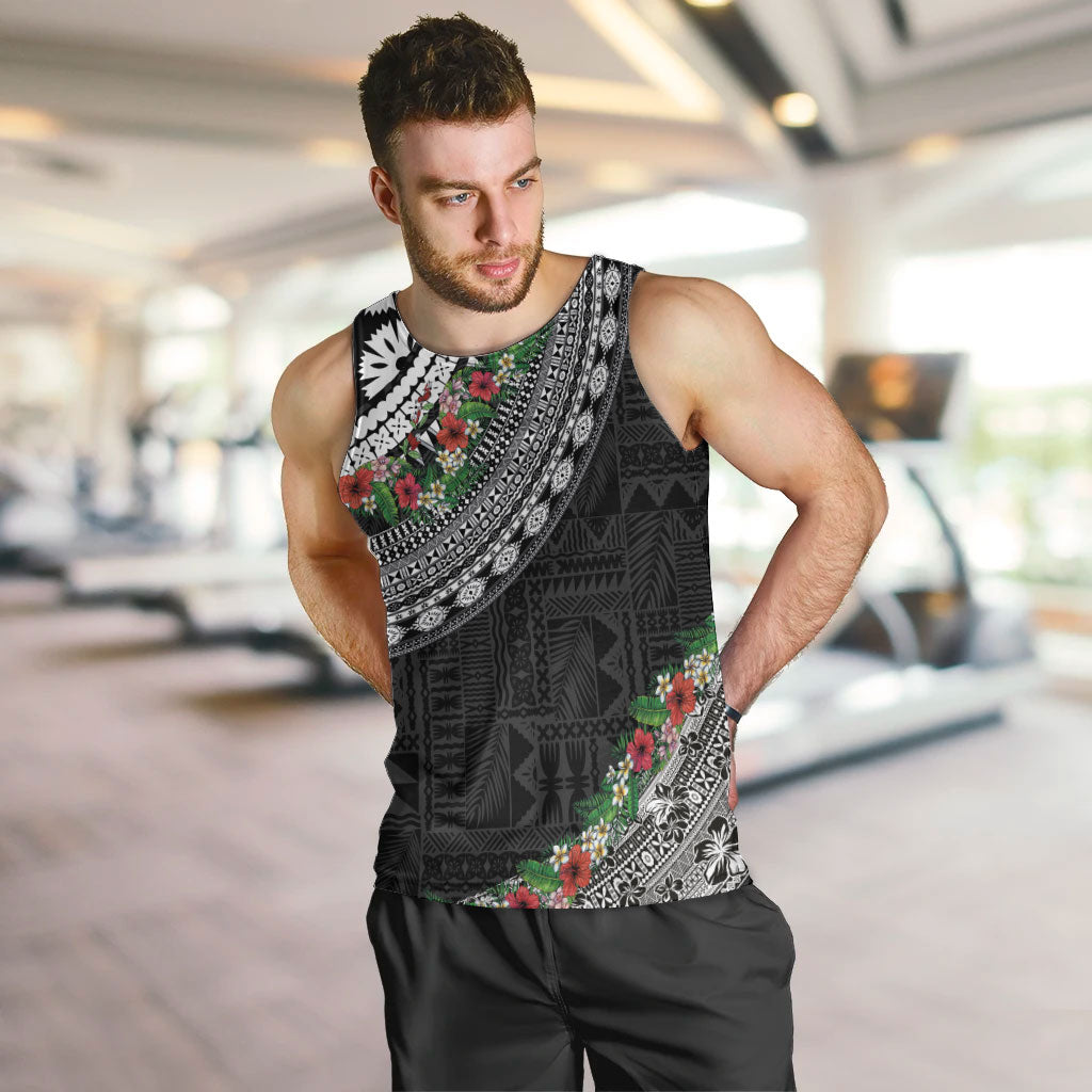 Fiji Hibiscus Men Tank Top Tapa Masi Motifs with Tropical Plants LT03 Black - Polynesian Pride