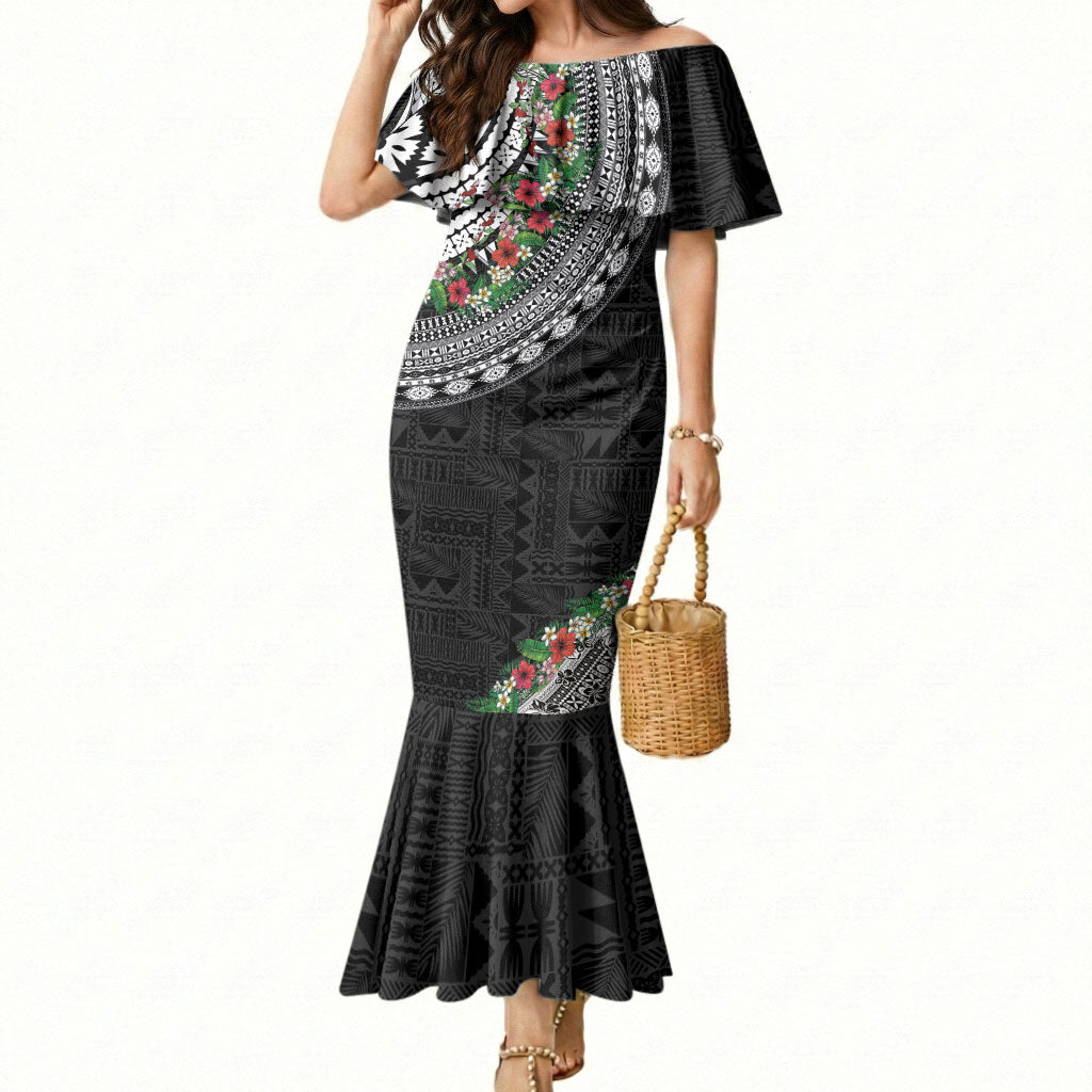 Fiji Hibiscus Mermaid Dress Tapa Masi Motifs with Tropical Plants LT03 Women Black - Polynesian Pride