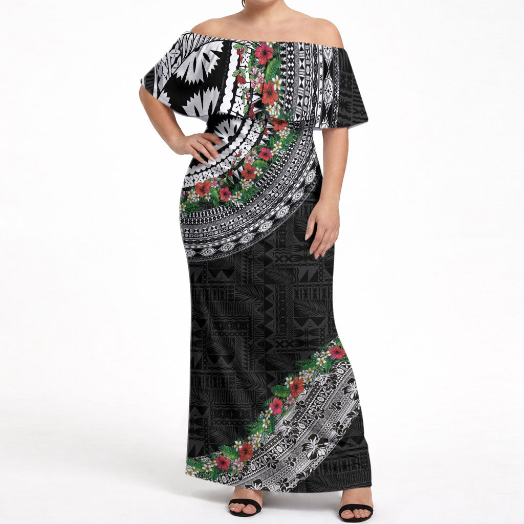Fiji Hibiscus Off Shoulder Maxi Dress Tapa Masi Motifs with Tropical Plants LT03 Women Black - Polynesian Pride