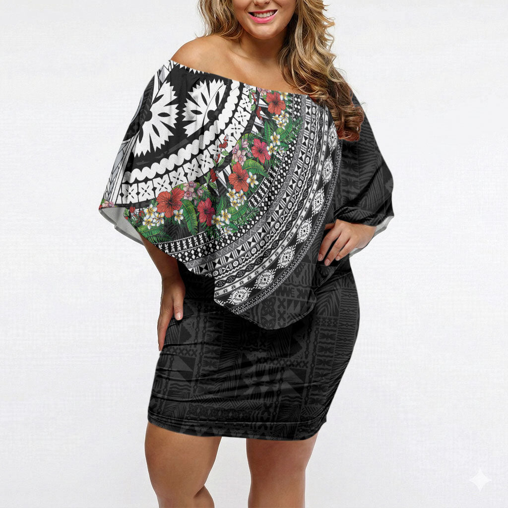 Fiji Hibiscus Off Shoulder Short Dress Tapa Masi Motifs with Tropical Plants LT03 Women Black - Polynesian Pride