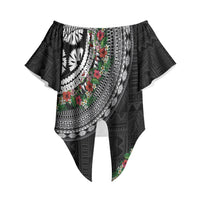 Fiji Hibiscus Off Shoulder Wrap Waist Top Tapa Masi Motifs with Tropical Plants LT03 Black - Polynesian Pride