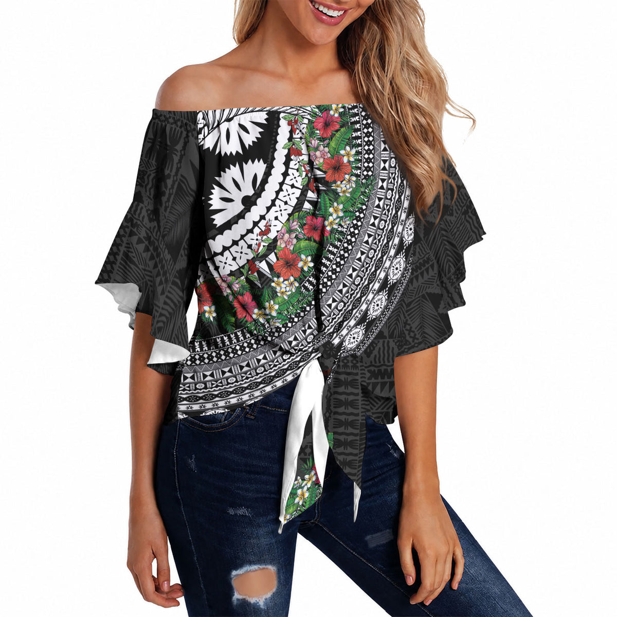 Fiji Hibiscus Off Shoulder Wrap Waist Top Tapa Masi Motifs with Tropical Plants LT03 - Polynesian Pride