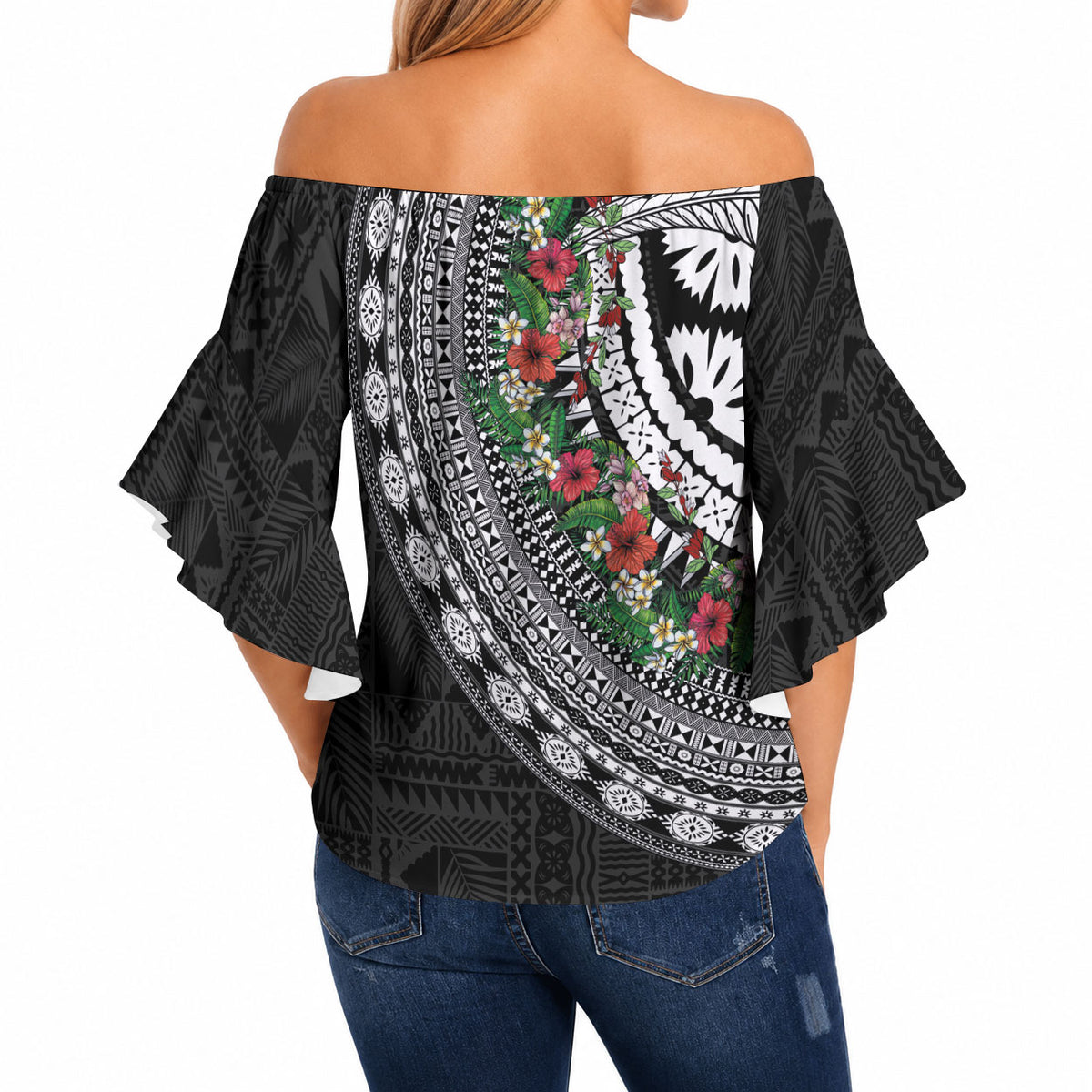 Fiji Hibiscus Off Shoulder Wrap Waist Top Tapa Masi Motifs with Tropical Plants LT03 - Polynesian Pride