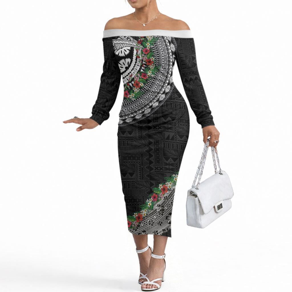 Fiji Hibiscus Off The Shoulder Long Sleeve Dress Tapa Masi Motifs with Tropical Plants LT03 Women Black - Polynesian Pride