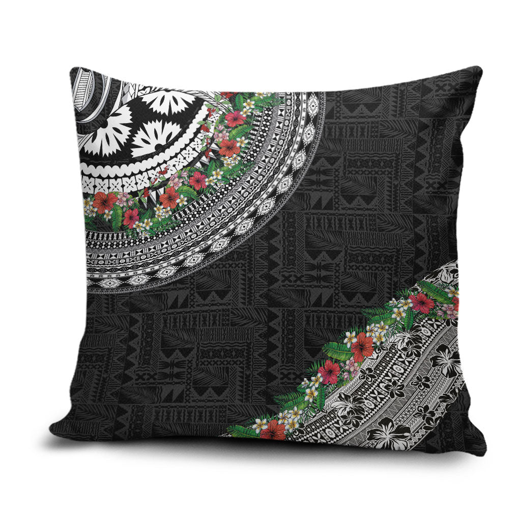 Fiji Hibiscus Pillow Cover Tapa Masi Motifs with Tropical Plants LT03 Black - Polynesian Pride