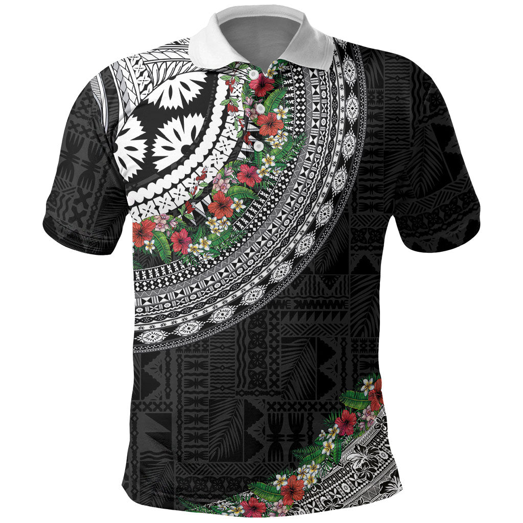 Fiji Hibiscus Polo Shirt Tapa Masi Motifs with Tropical Plants LT03 Black - Polynesian Pride