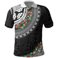 Fiji Hibiscus Polo Shirt Tapa Masi Motifs with Tropical Plants LT03 Black - Polynesian Pride
