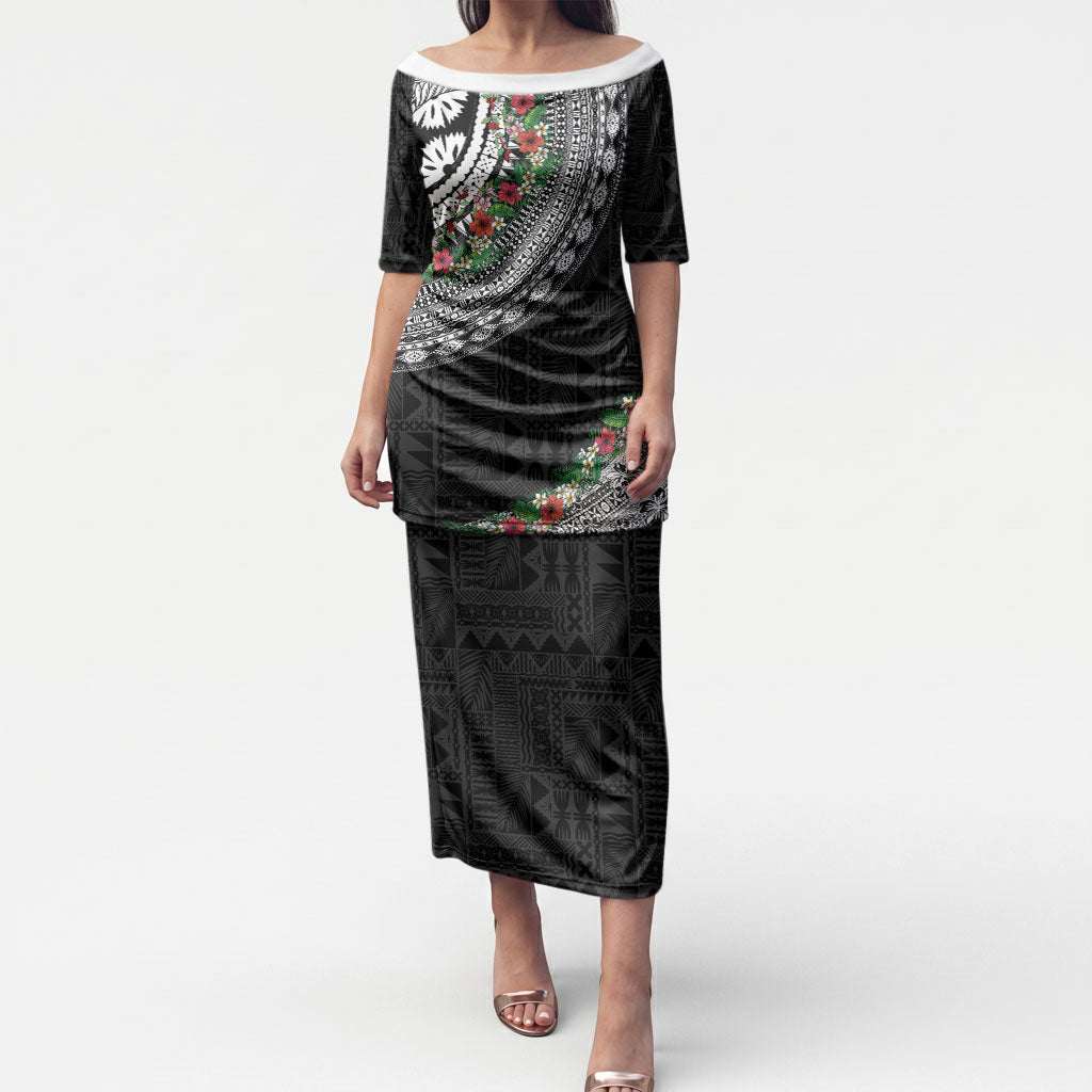 Fiji Hibiscus Puletasi Tapa Masi Motifs with Tropical Plants LT03 Long Dress Black - Polynesian Pride