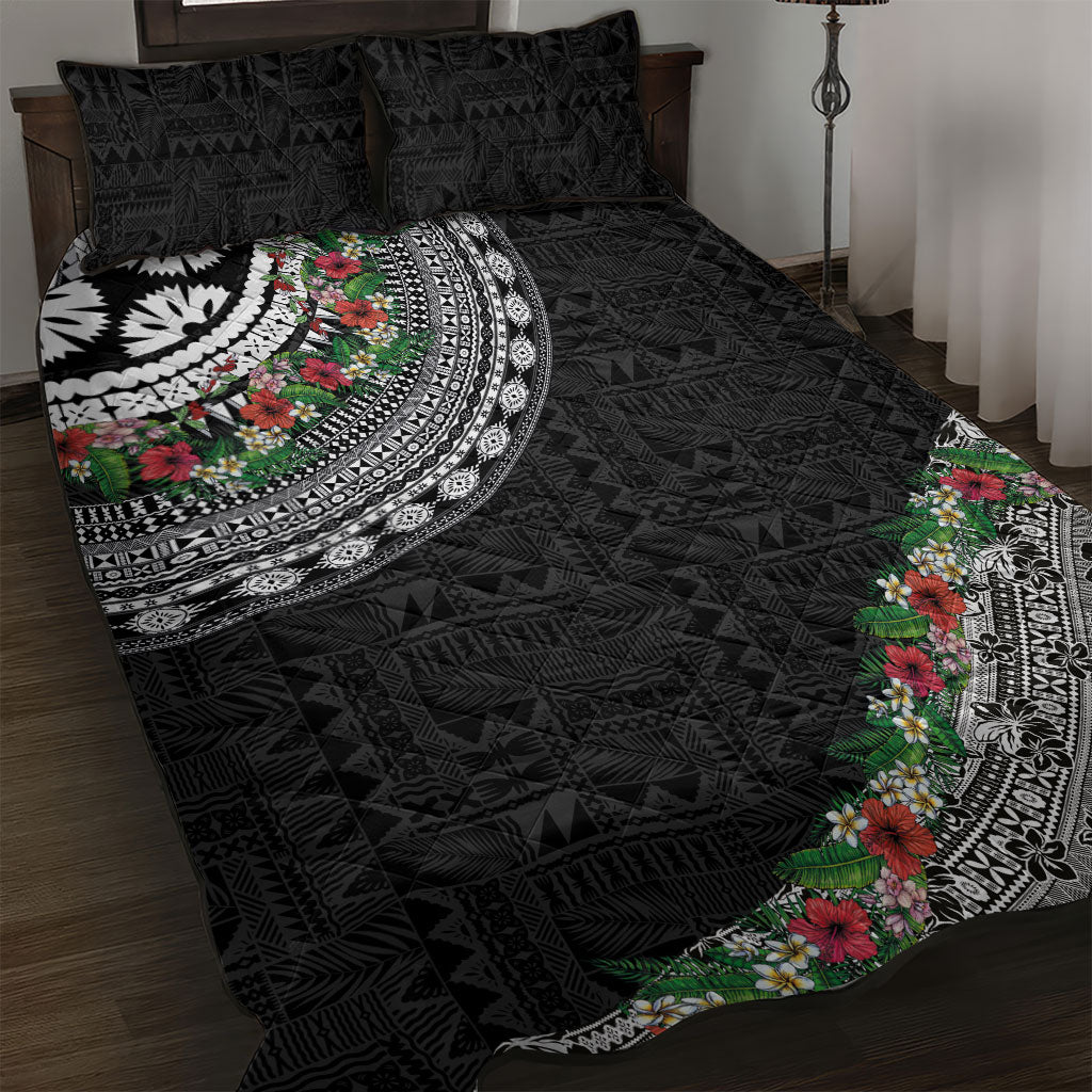Fiji Hibiscus Quilt Bed Set Tapa Masi Motifs with Tropical Plants LT03 Black - Polynesian Pride