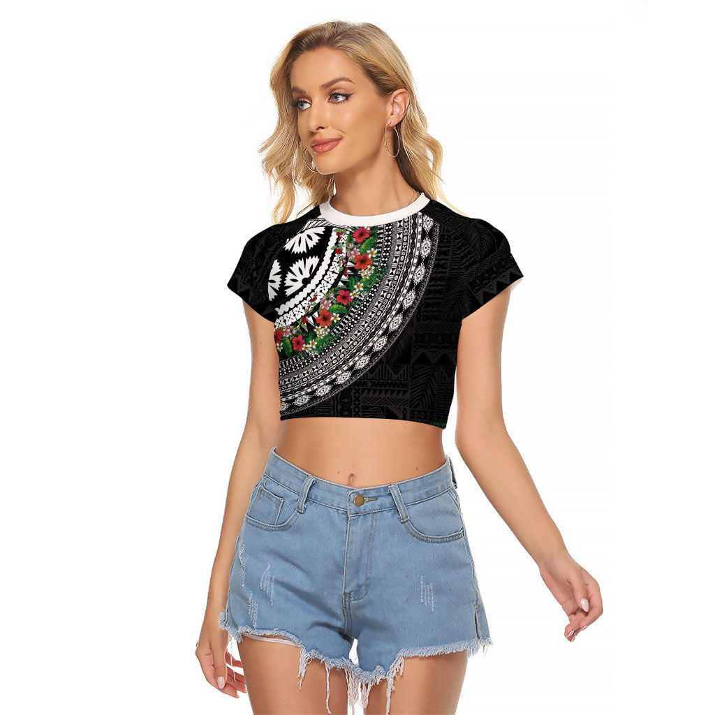 Fiji Hibiscus Raglan Cropped T Shirt Tapa Masi Motifs with Tropical Plants LT03 Female Black - Polynesian Pride