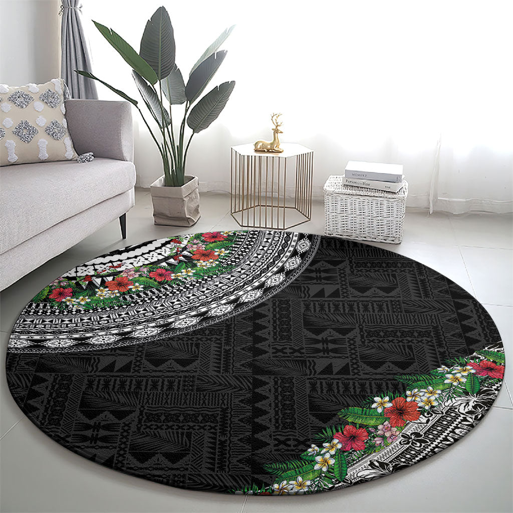 Fiji Hibiscus Round Carpet Tapa Masi Motifs with Tropical Plants LT03 - Polynesian Pride