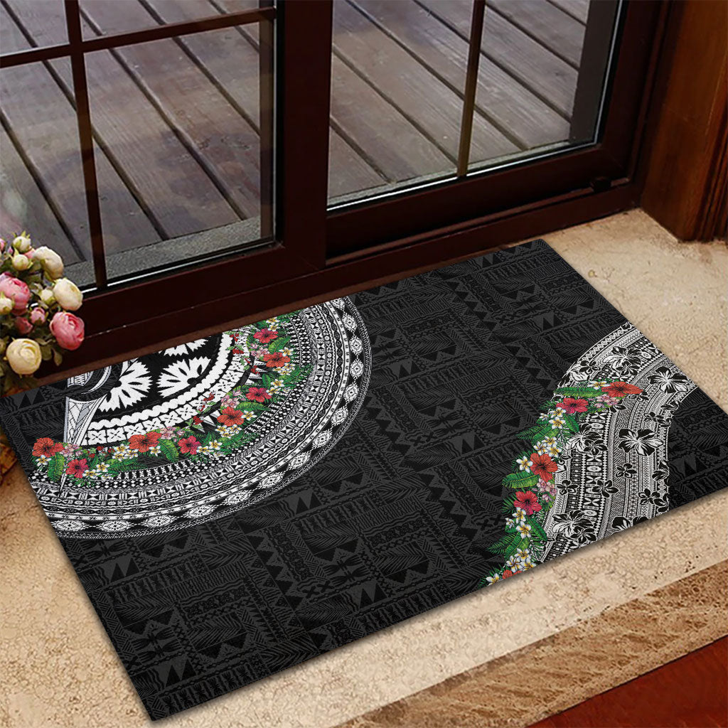 Fiji Hibiscus Rubber Doormat Tapa Masi Motifs with Tropical Plants LT03 - Polynesian Pride