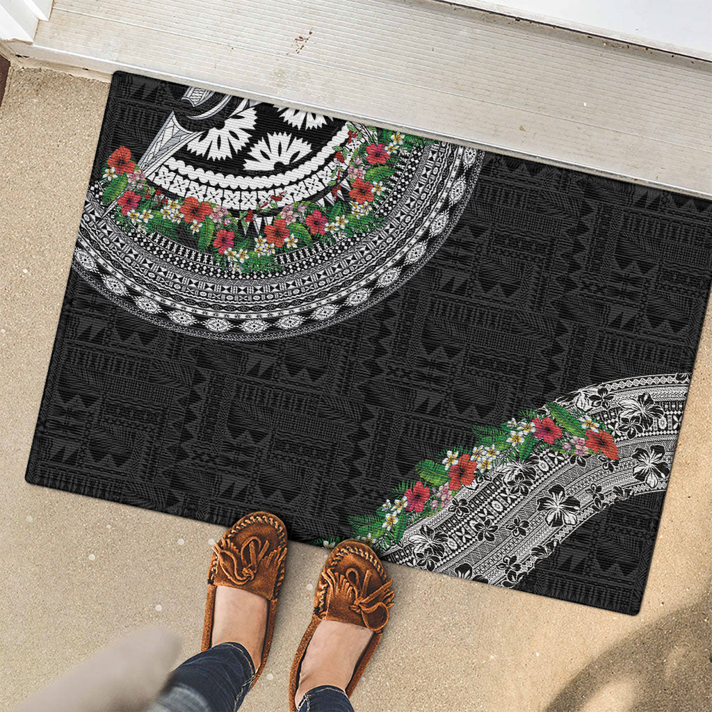 Fiji Hibiscus Rubber Doormat Tapa Masi Motifs with Tropical Plants LT03 - Polynesian Pride