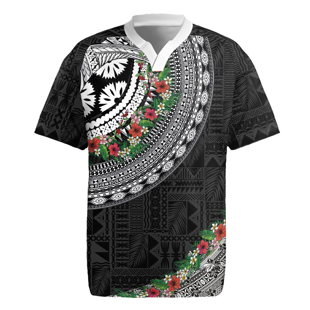 Fiji Hibiscus Rugby Jersey Tapa Masi Motifs with Tropical Plants LT03 Black - Polynesian Pride