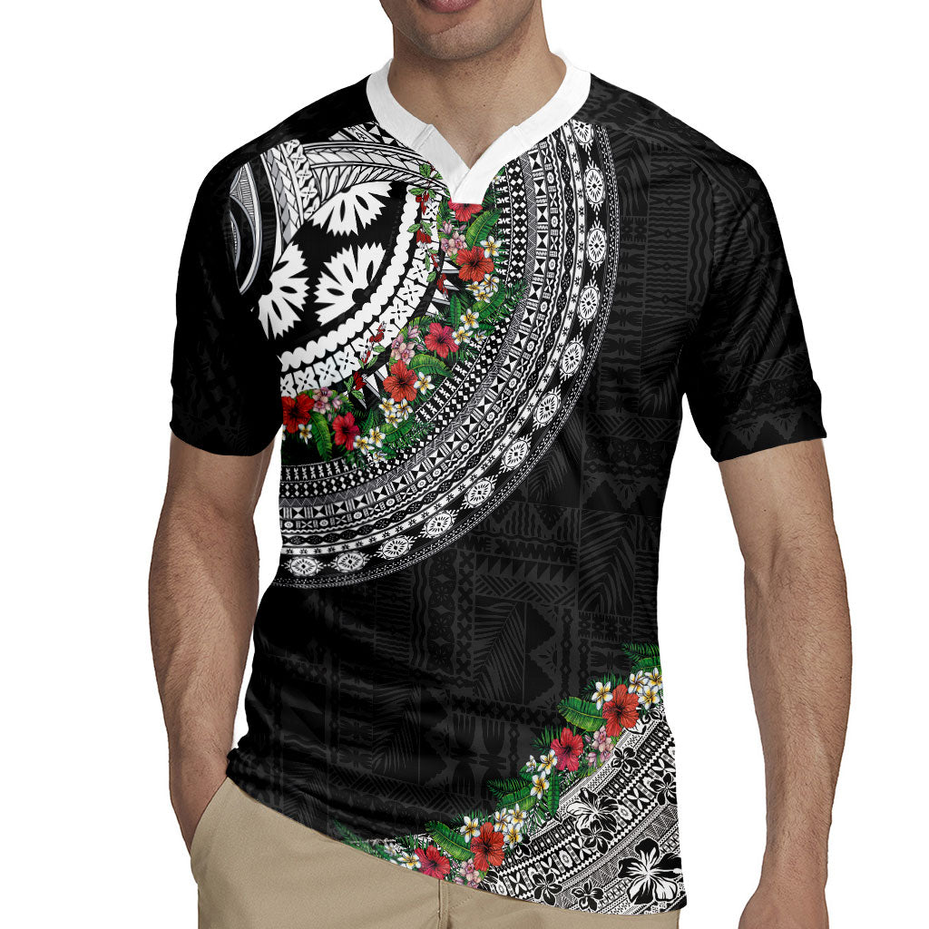 Fiji Hibiscus Rugby Jersey Tapa Masi Motifs with Tropical Plants LT03 - Polynesian Pride