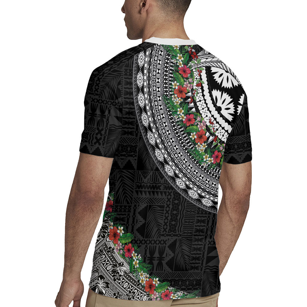 Fiji Hibiscus Rugby Jersey Tapa Masi Motifs with Tropical Plants LT03 - Polynesian Pride