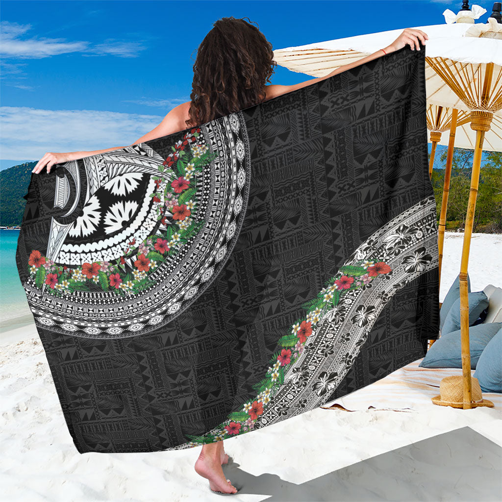 Fiji Hibiscus Sarong Tapa Masi Motifs with Tropical Plants LT03 One Size 44 x 66 inches Black - Polynesian Pride