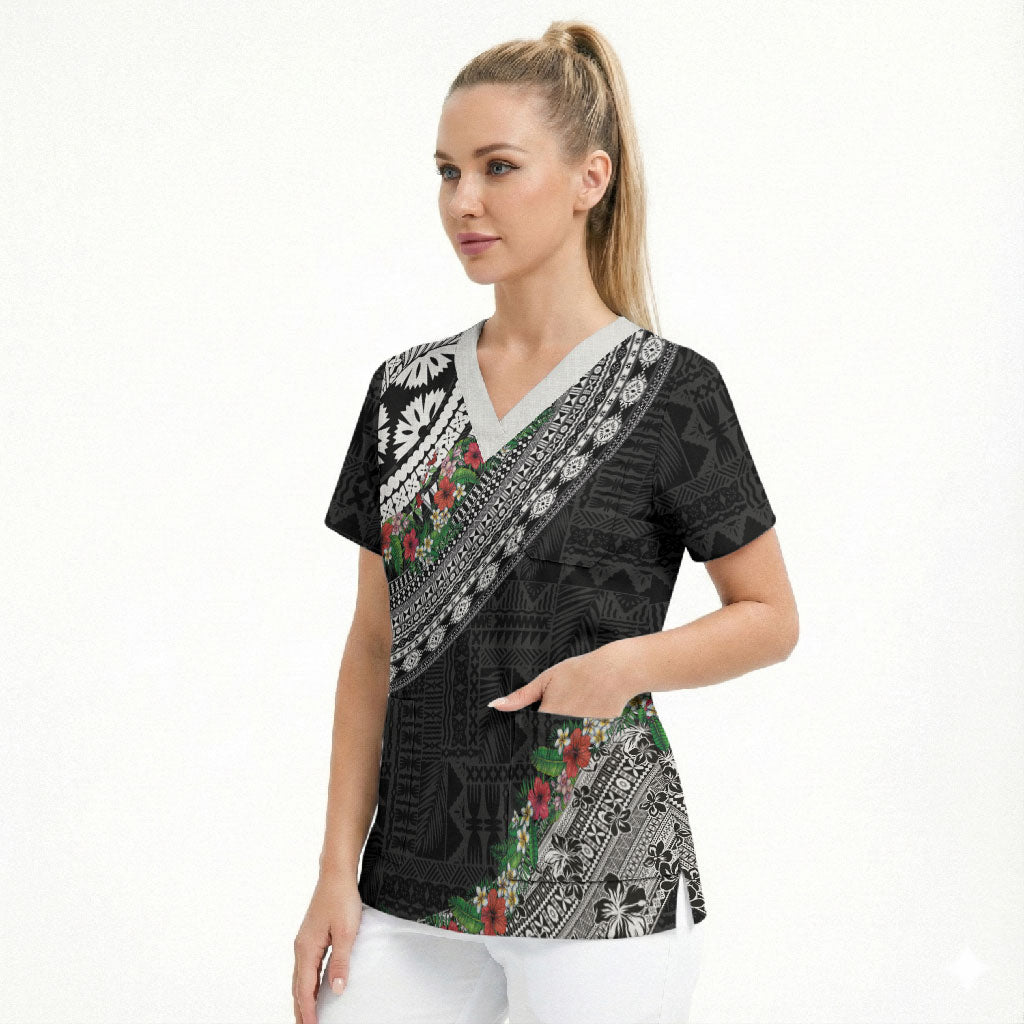 Fiji Hibiscus Scrub Top Tapa Masi Motifs with Tropical Plants LT03 - Polynesian Pride