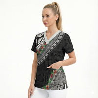Fiji Hibiscus Scrub Top Tapa Masi Motifs with Tropical Plants LT03 - Polynesian Pride