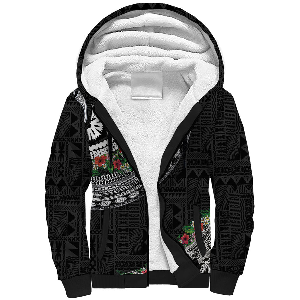 Fiji Hibiscus Sherpa Hoodie Tapa Masi Motifs with Tropical Plants LT03 Unisex Black - Polynesian Pride