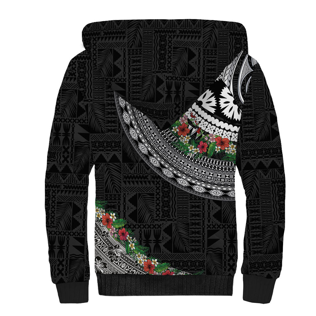 Fiji Hibiscus Sherpa Hoodie Tapa Masi Motifs with Tropical Plants LT03 - Polynesian Pride