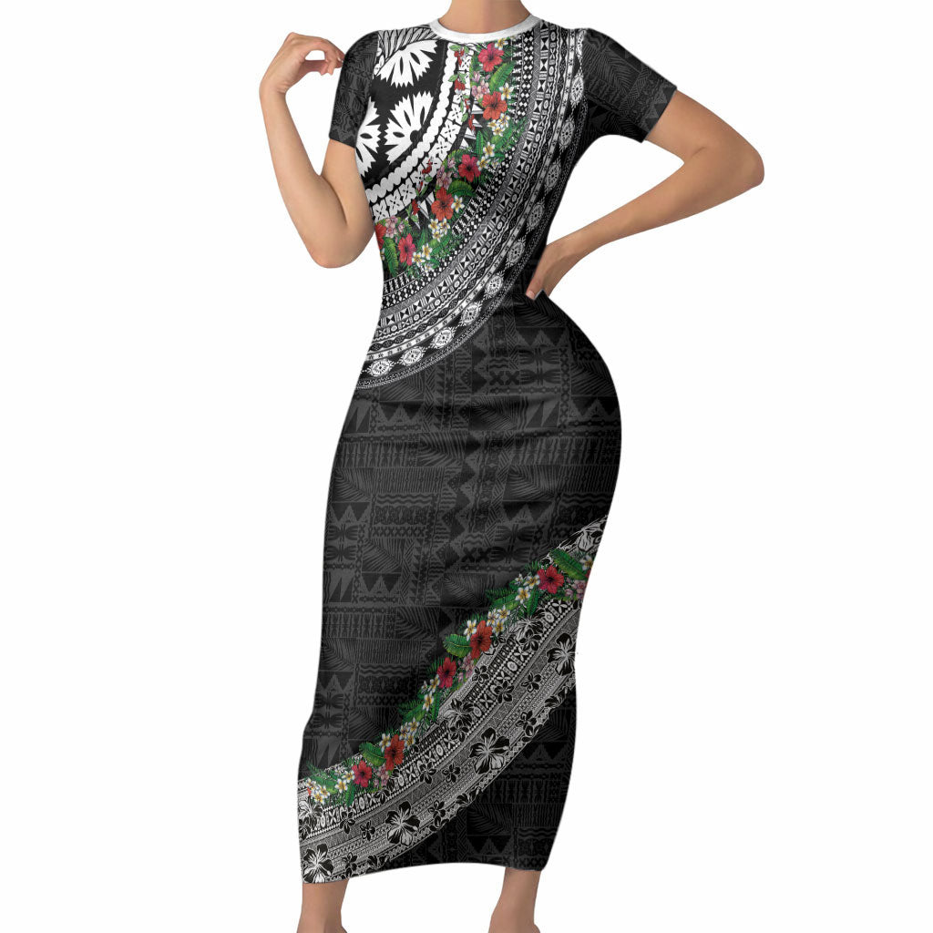Fiji Hibiscus Short Sleeve Bodycon Dress Tapa Masi Motifs with Tropical Plants LT03 Long Dress Black - Polynesian Pride