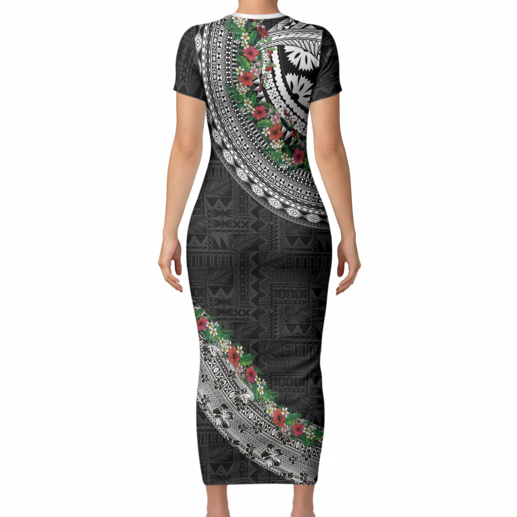 Fiji Hibiscus Short Sleeve Bodycon Dress Tapa Masi Motifs with Tropical Plants LT03 - Polynesian Pride