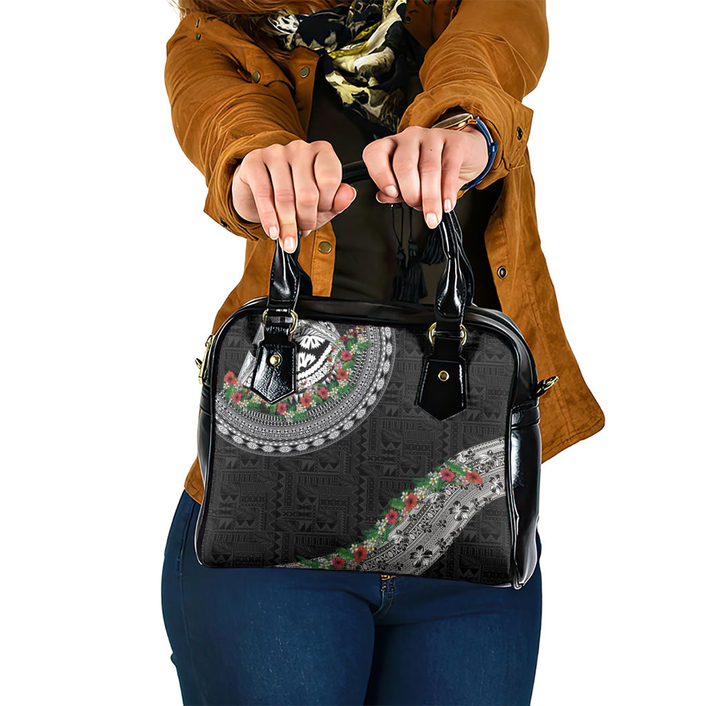Fiji Hibiscus Shoulder Handbag Tapa Masi Motifs with Tropical Plants LT03 One Size Black - Polynesian Pride