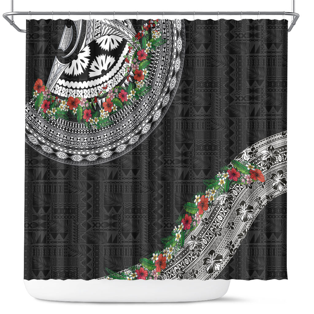 Fiji Hibiscus Shower Curtain Tapa Masi Motifs with Tropical Plants LT03 Black - Polynesian Pride