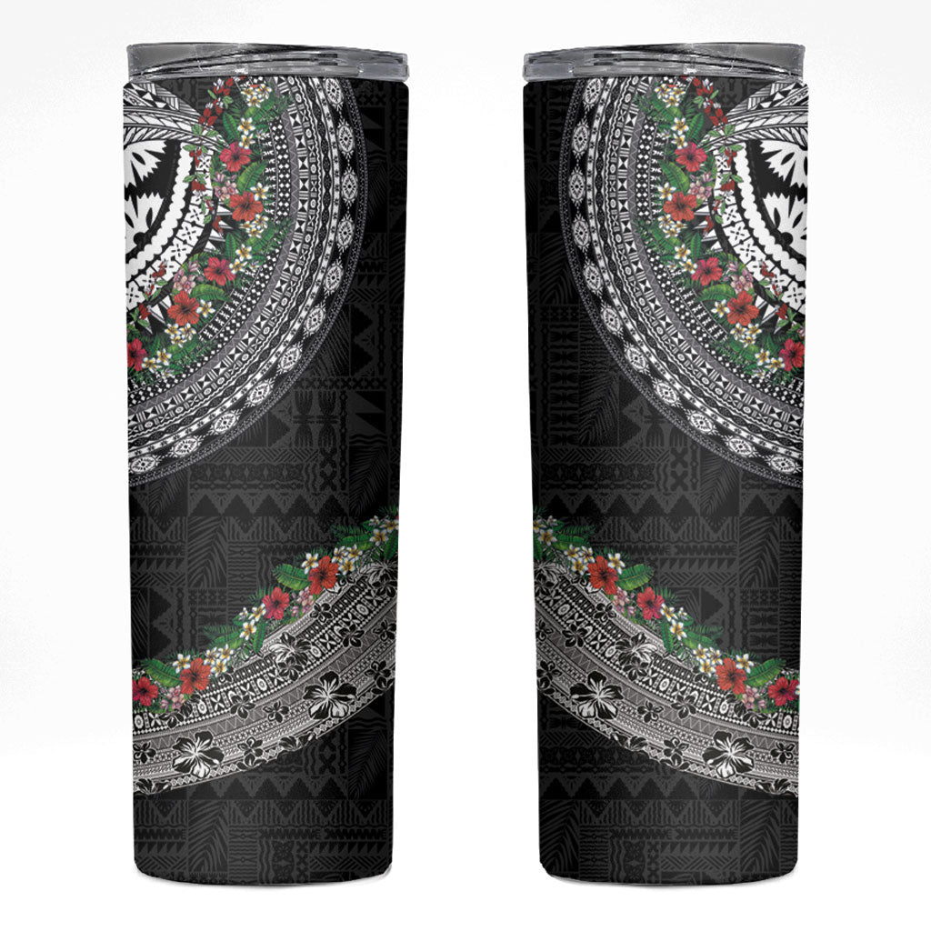 Fiji Hibiscus Skinny Tumbler Tapa Masi Motifs with Tropical Plants LT03 Black - Polynesian Pride