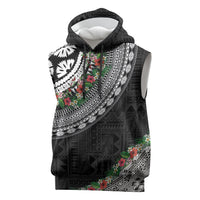 Fiji Hibiscus Sleeveless Hoodie Tapa Masi Motifs with Tropical Plants LT03 Black - Polynesian Pride