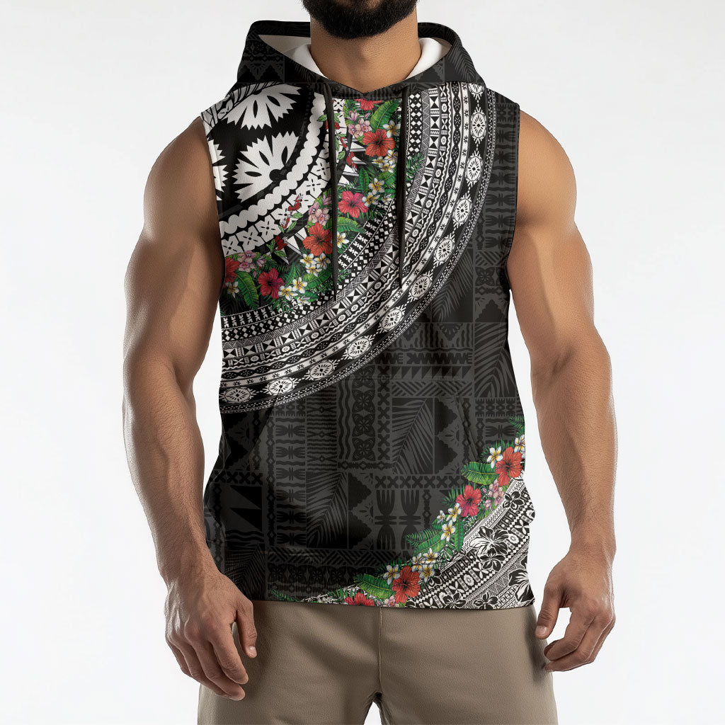 Fiji Hibiscus Sleeveless Hoodie Tapa Masi Motifs with Tropical Plants LT03 - Polynesian Pride