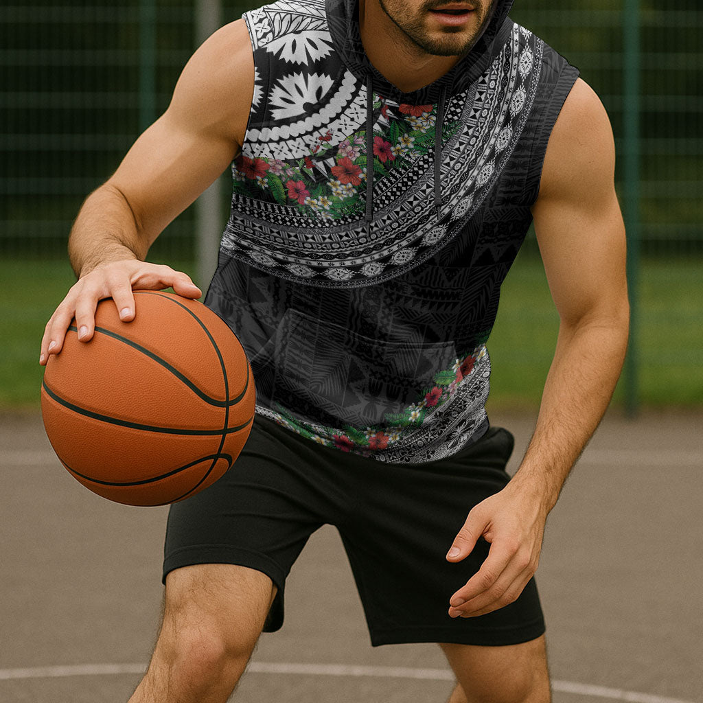 Fiji Hibiscus Sleeveless Hoodie Tapa Masi Motifs with Tropical Plants LT03 - Polynesian Pride