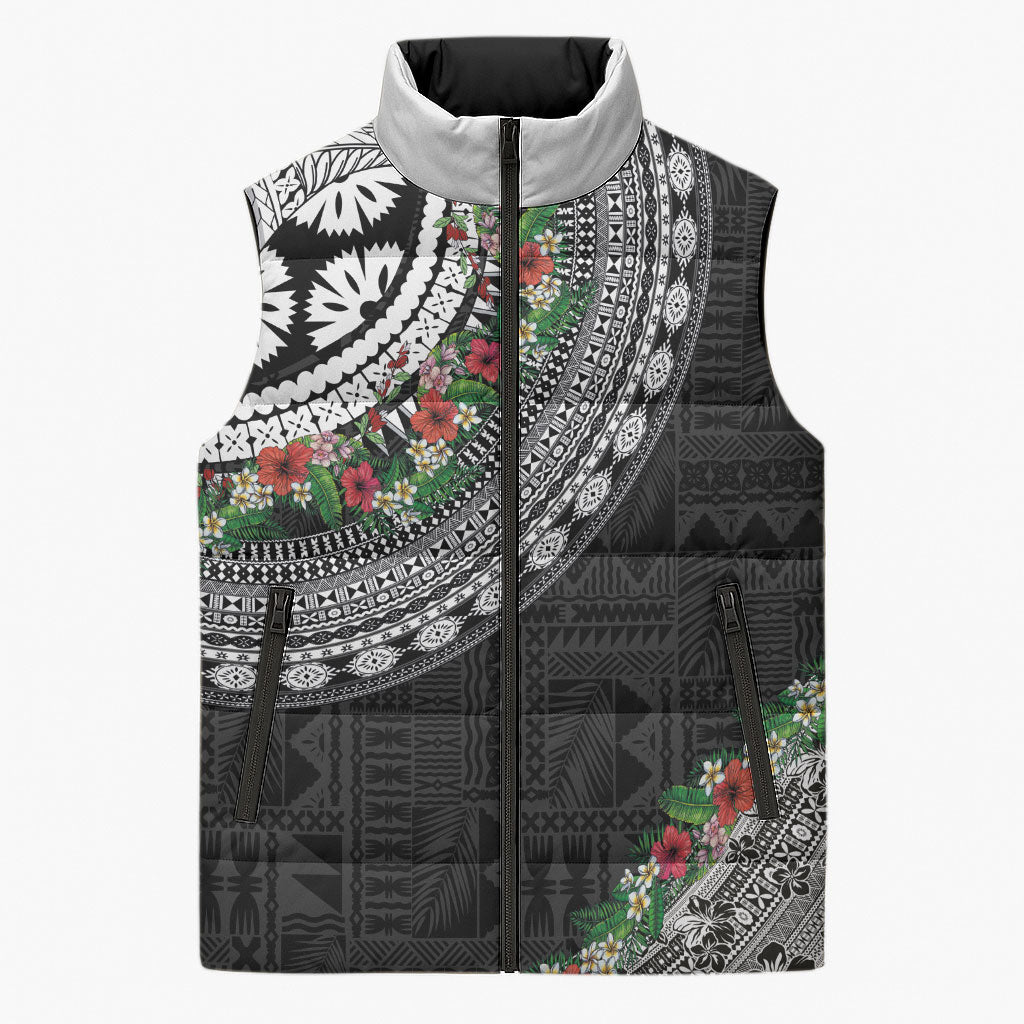 Fiji Hibiscus Sleeveless Puffer Jacket Tapa Masi Motifs with Tropical Plants LT03 Unisex Black - Polynesian Pride