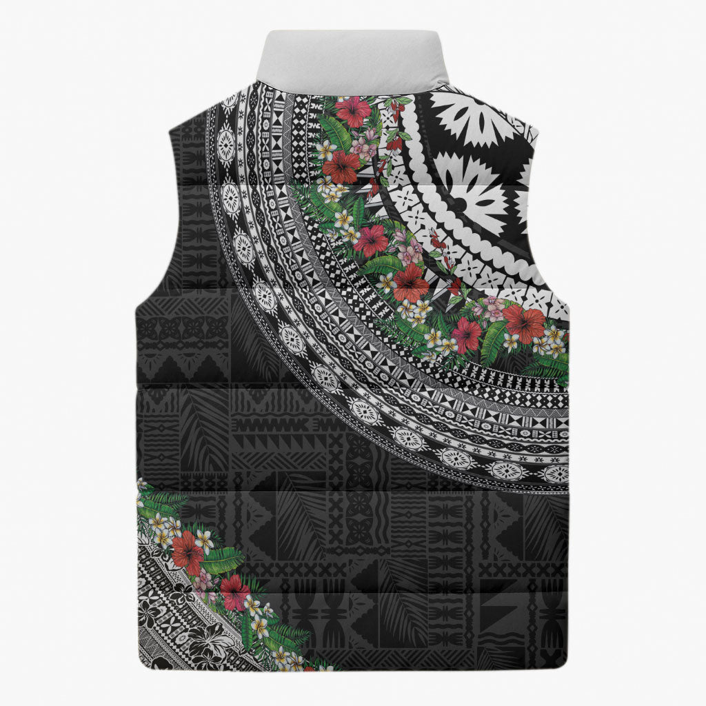 Fiji Hibiscus Sleeveless Puffer Jacket Tapa Masi Motifs with Tropical Plants LT03 - Polynesian Pride