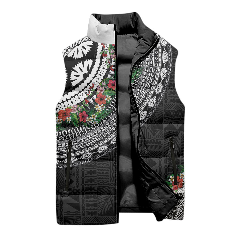 Fiji Hibiscus Sleeveless Puffer Jacket Tapa Masi Motifs with Tropical Plants LT03 - Polynesian Pride
