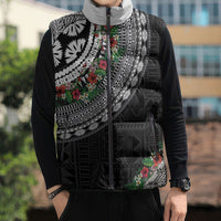 Fiji Hibiscus Sleeveless Puffer Jacket Tapa Masi Motifs with Tropical Plants LT03 - Polynesian Pride