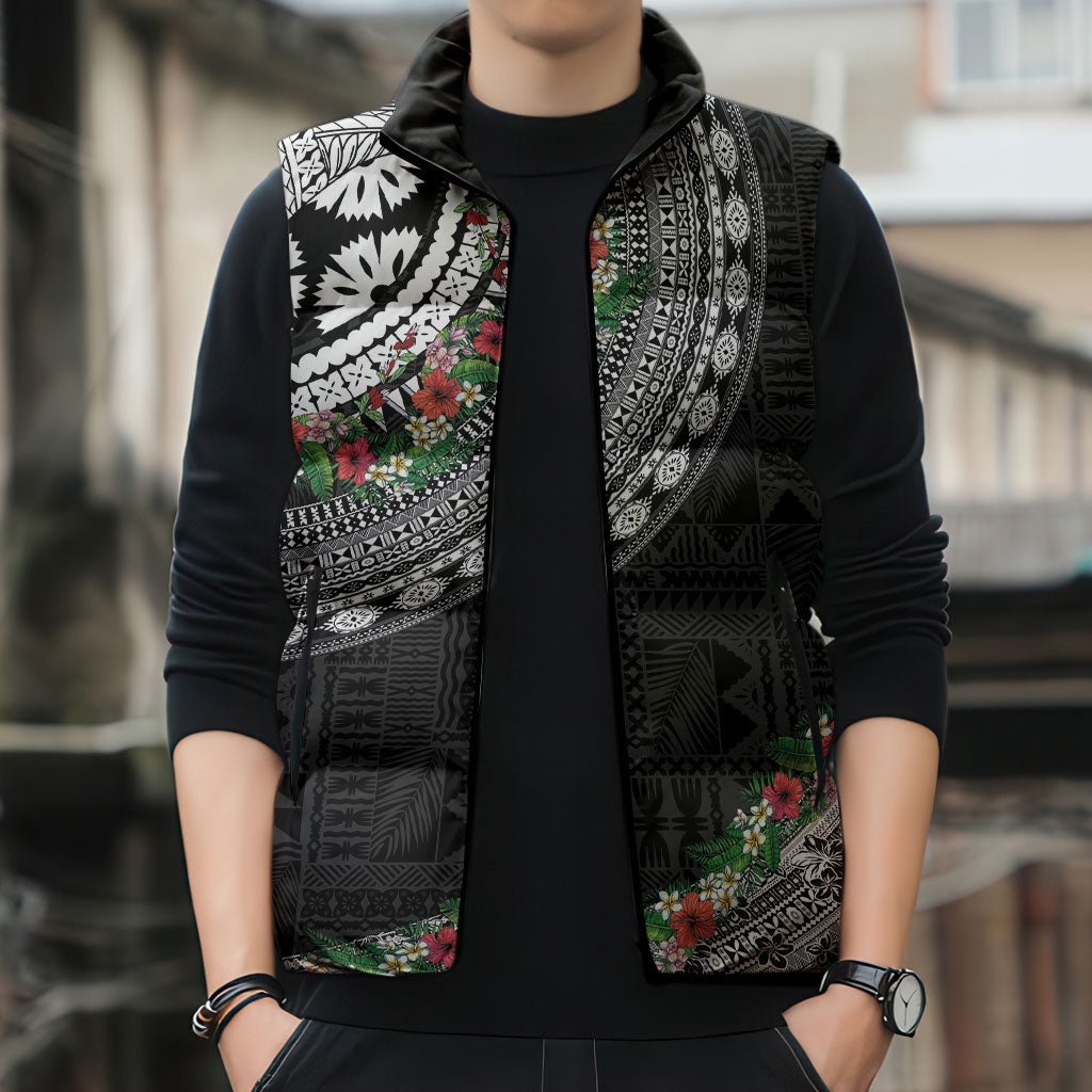 Fiji Hibiscus Sleeveless Puffer Jacket Tapa Masi Motifs with Tropical Plants LT03 - Polynesian Pride