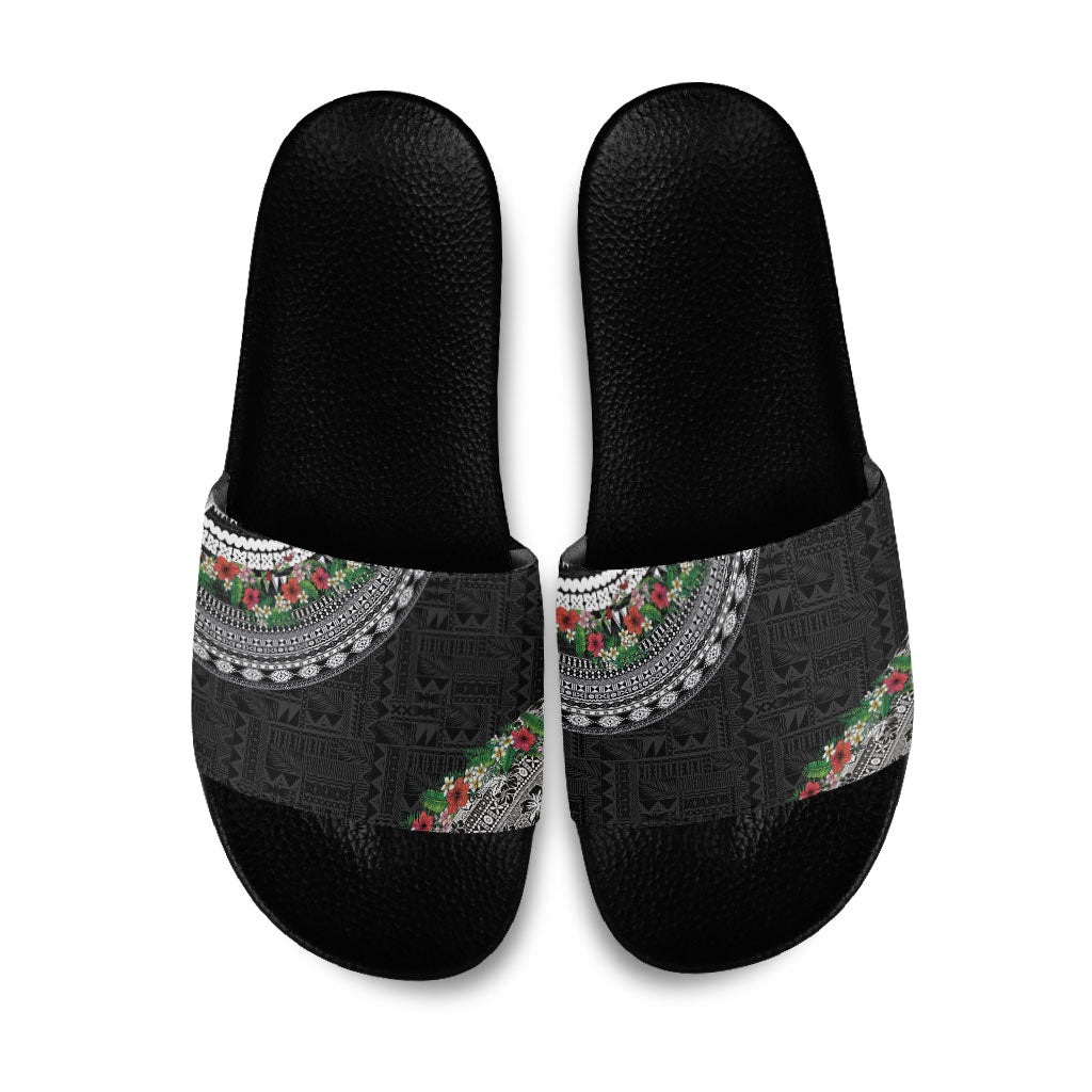 Fiji Hibiscus Slide Sandals Tapa Masi Motifs with Tropical Plants LT03 Black - Polynesian Pride