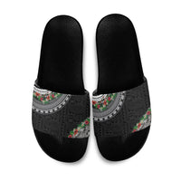 Fiji Hibiscus Slide Sandals Tapa Masi Motifs with Tropical Plants LT03 Black - Polynesian Pride