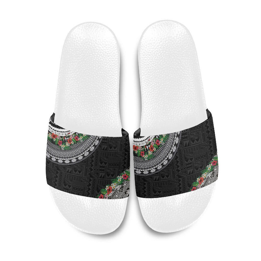 Fiji Hibiscus Slide Sandals Tapa Masi Motifs with Tropical Plants LT03 Black - Polynesian Pride