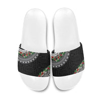 Fiji Hibiscus Slide Sandals Tapa Masi Motifs with Tropical Plants LT03 Black - Polynesian Pride