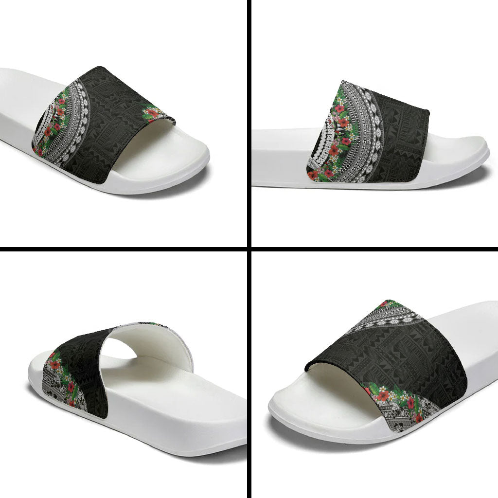 Fiji Hibiscus Slide Sandals Tapa Masi Motifs with Tropical Plants LT03 - Polynesian Pride