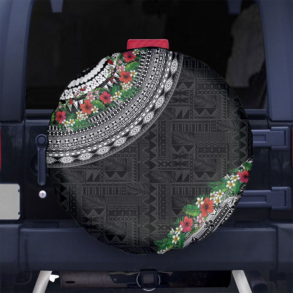 Fiji Hibiscus Spare Tire Cover Tapa Masi Motifs with Tropical Plants LT03 No hole Black - Polynesian Pride